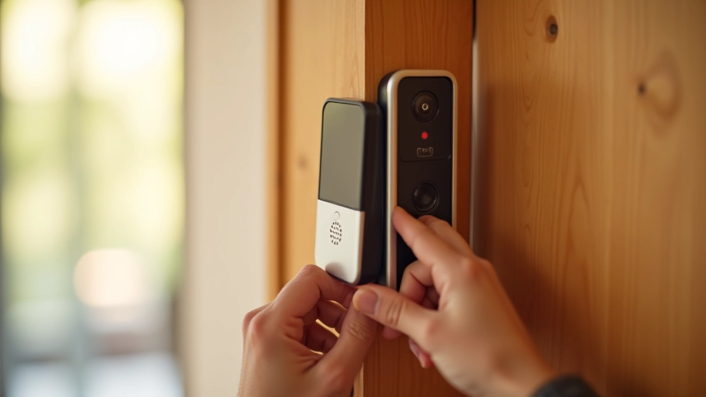 Instalação de uma campainha inteligente numa porta de entrada, mostrando os cabos e a fixação