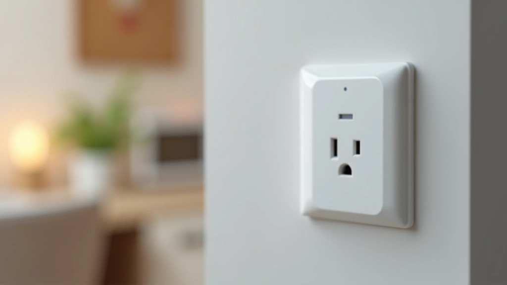 Tomada inteligente moderna instalada numa cozinha portuguesa com dispositivos ligados