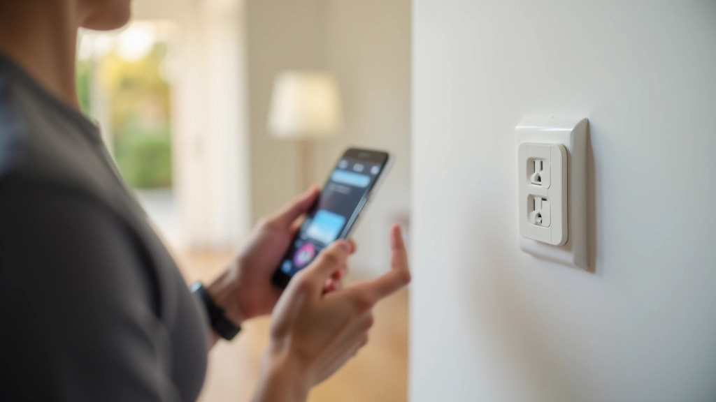 Pessoa a seguir passos de instalação no telemóvel enquanto liga tomada inteligente numa sala de estar, screenshots da aplicação visíveis no ecrã