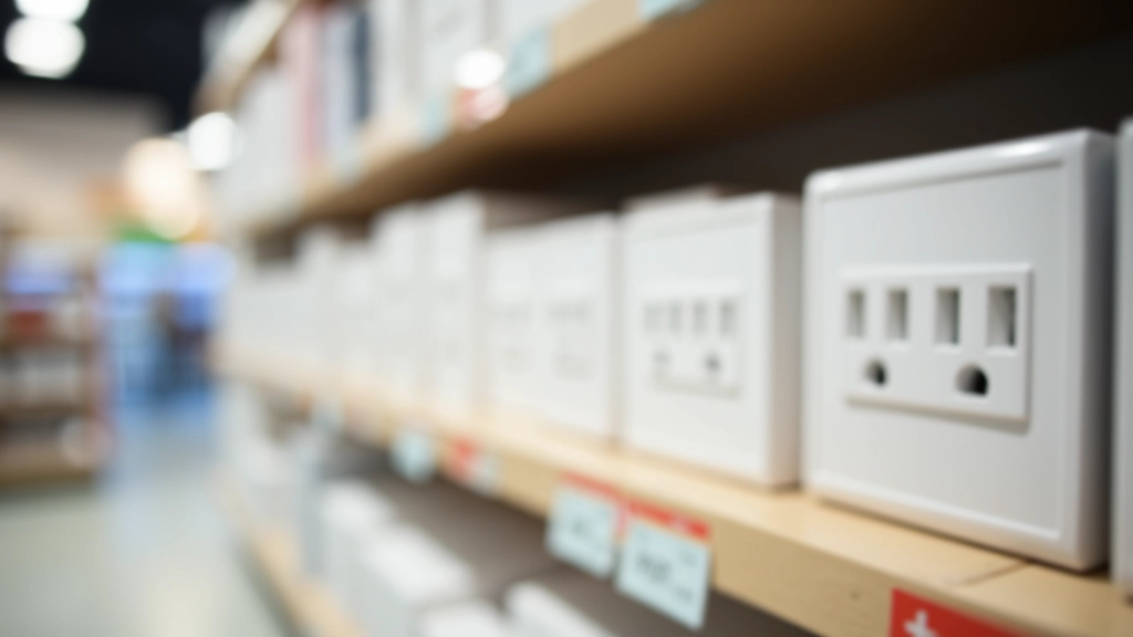 Várias tomadas inteligentes de diferentes marcas expostas numa prateleira de loja, com etiquetas de preço e especificações técnicas visíveis