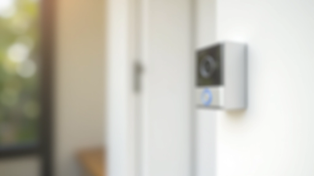 Campainha com vídeo inteligente instalada à entrada de uma porta, mostrando câmara HD e sensor de movimento